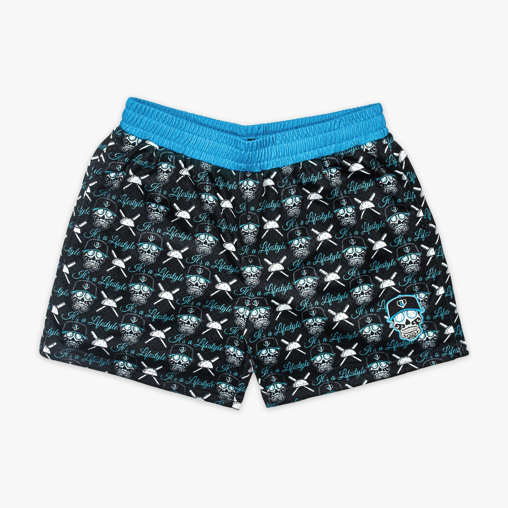 Slugger Skull Shorts - Black Mesh Baseball Shorts with Blue Waistband