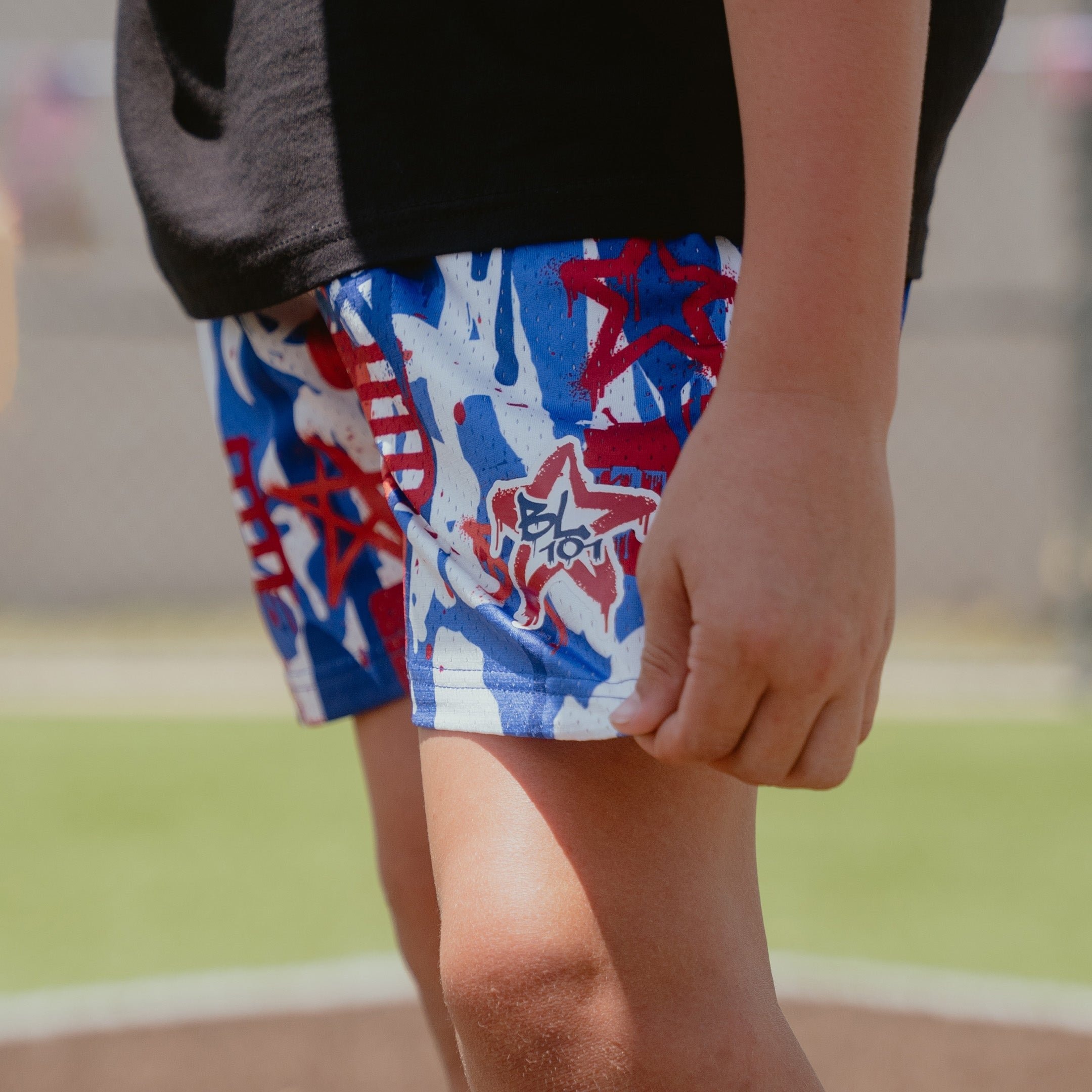 Graffiti Stars Patriotic Shorts - USA Red White Blue Mesh Allover Print