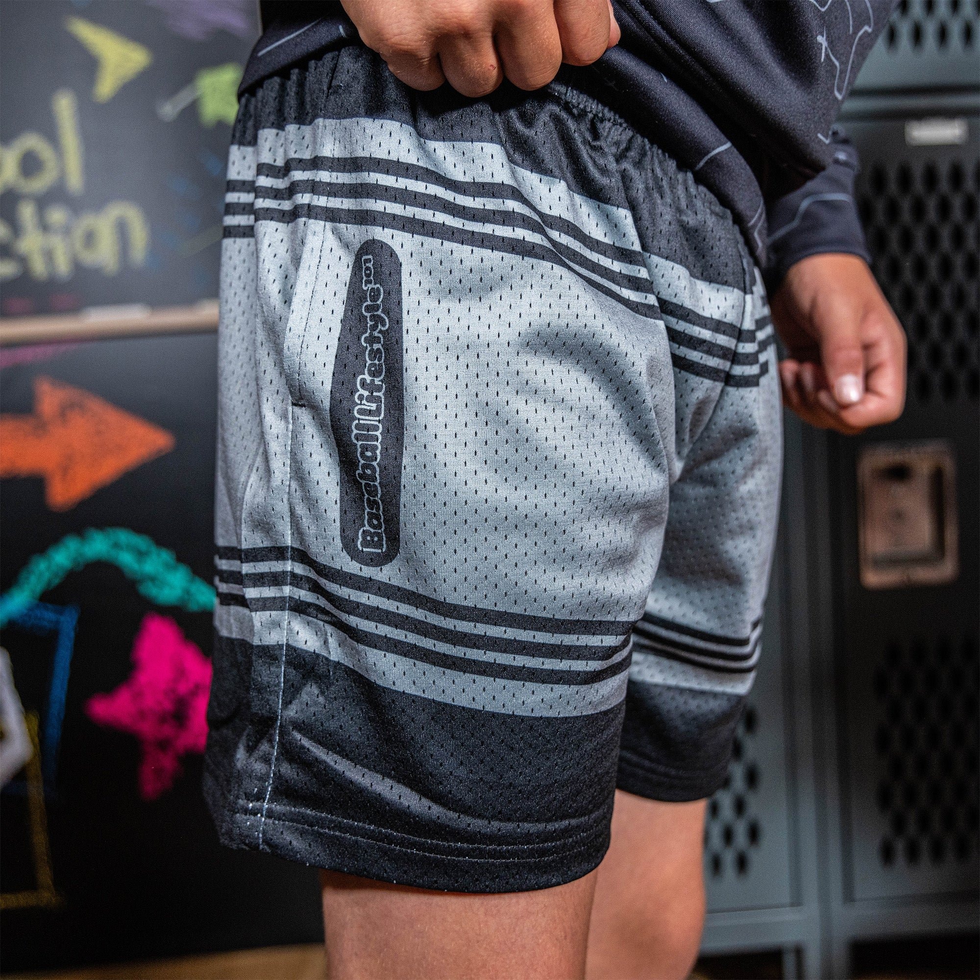 Crayon Eye Black Mesh Shorts - Baseball Print, 100% Polyester with Side Pockets