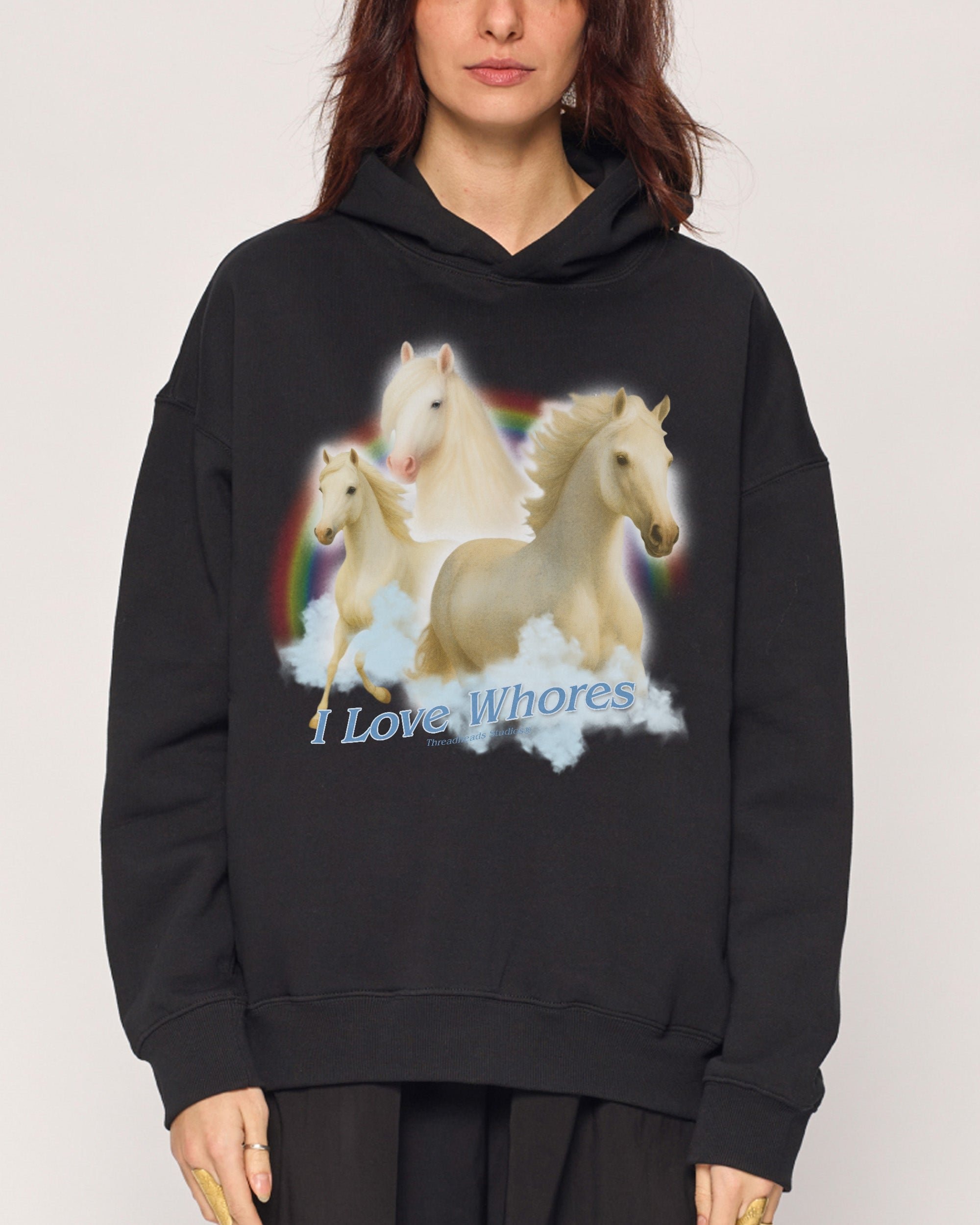 I Love Whores Unisex Graphic Hoodie - 90s Boxy Fit, 340gsm Cotton-Poly Blend