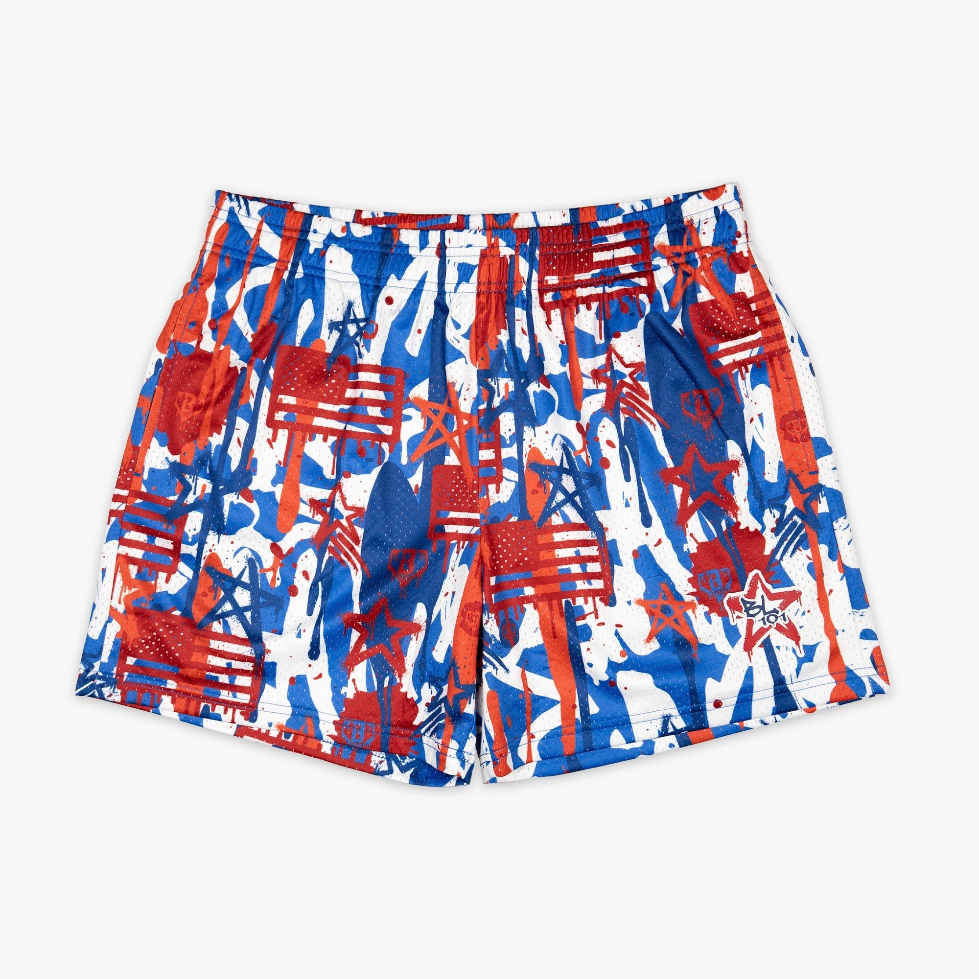 Graffiti Stars Patriotic Shorts - USA Red White Blue Mesh Allover Print