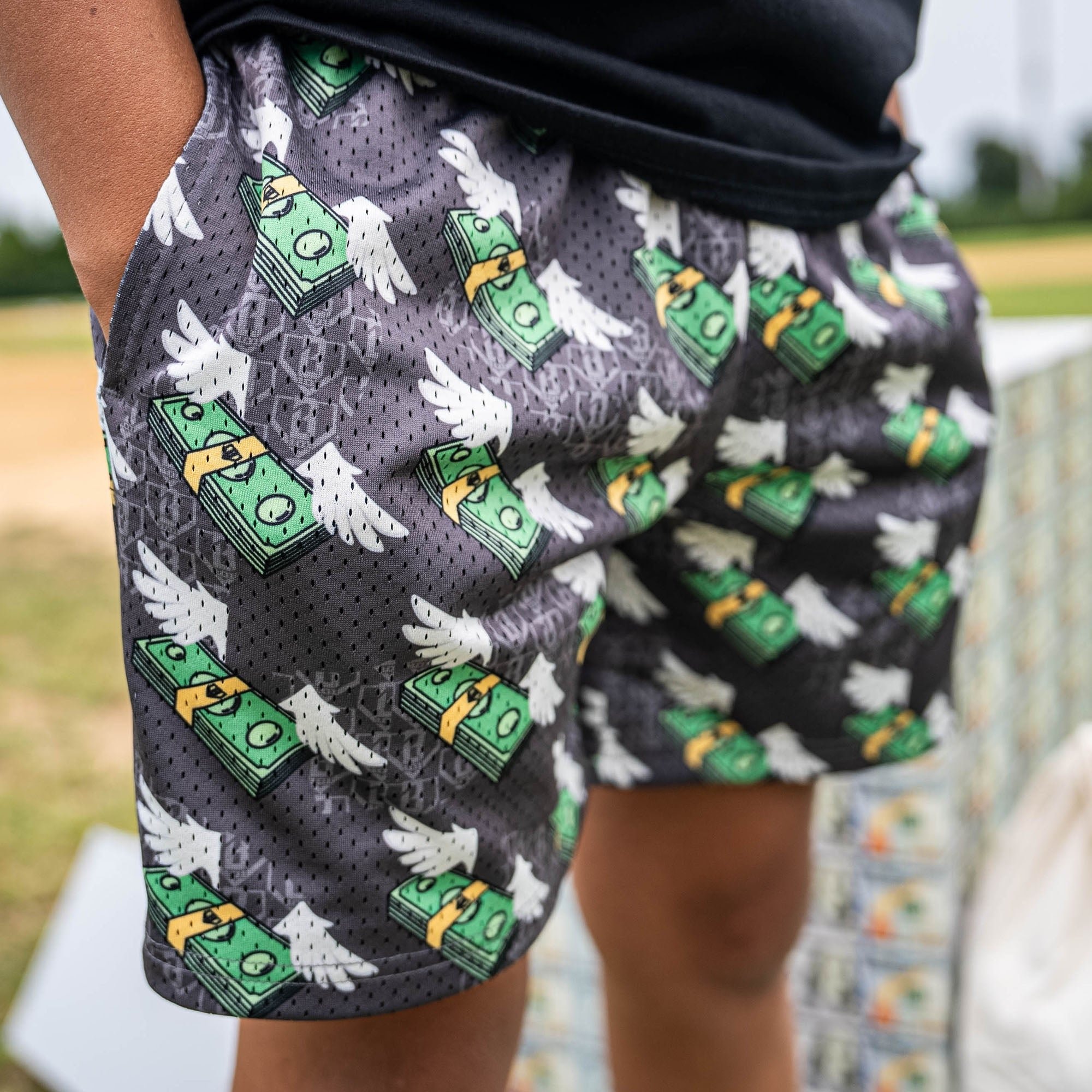 Brick by Brick Mesh Shorts - Flying Money Stack Allover Print