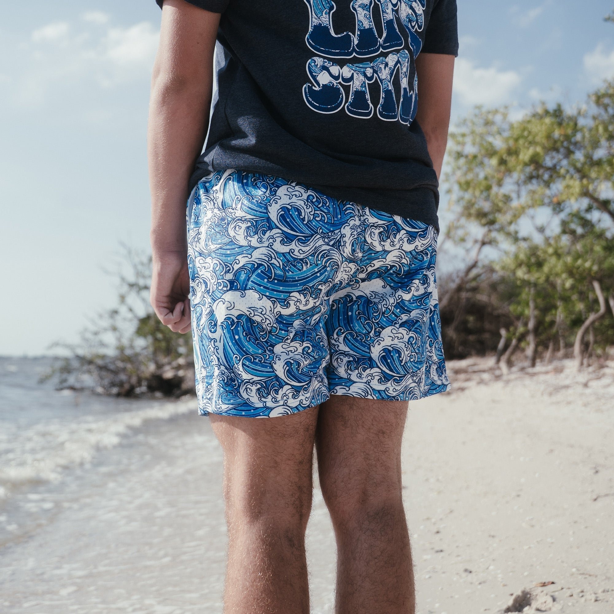 Wave Shorts Baseball Mesh Shorts Allover Ocean Print Blue Waistband 5" Inseam