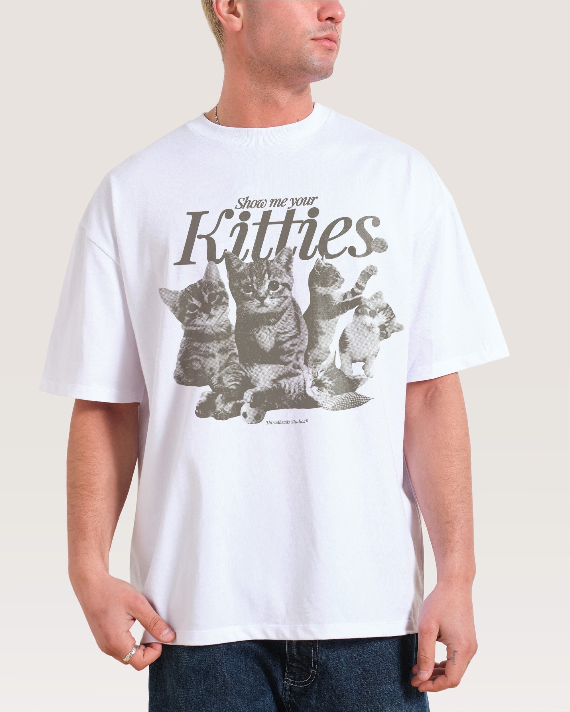 Show Me Your Kitties Oversized Graphic Tee - Unisex 90s Boxy Fit 100% Combed Cotton